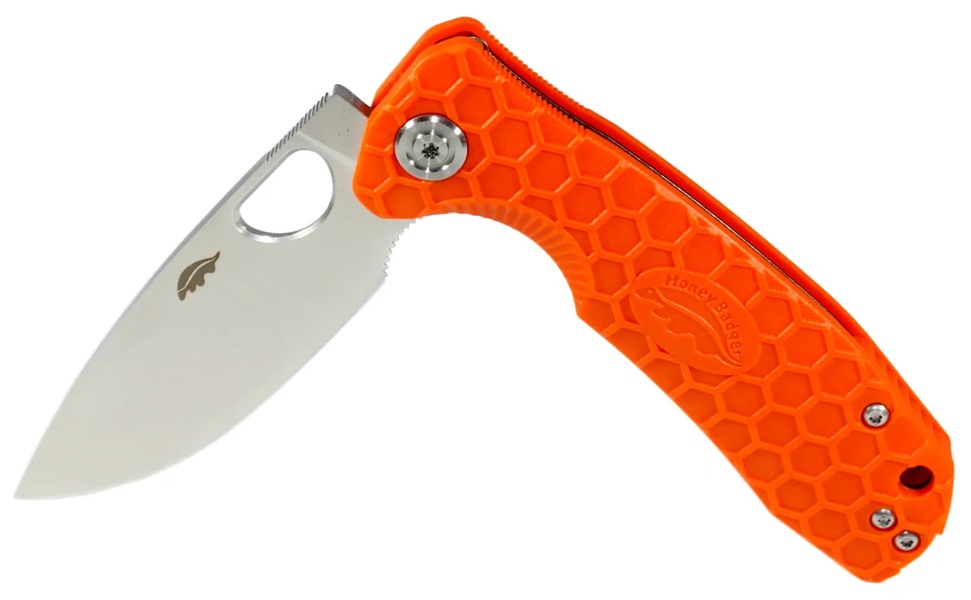 Close-up of the orange Flipper’s honeycomb handle and satin blade